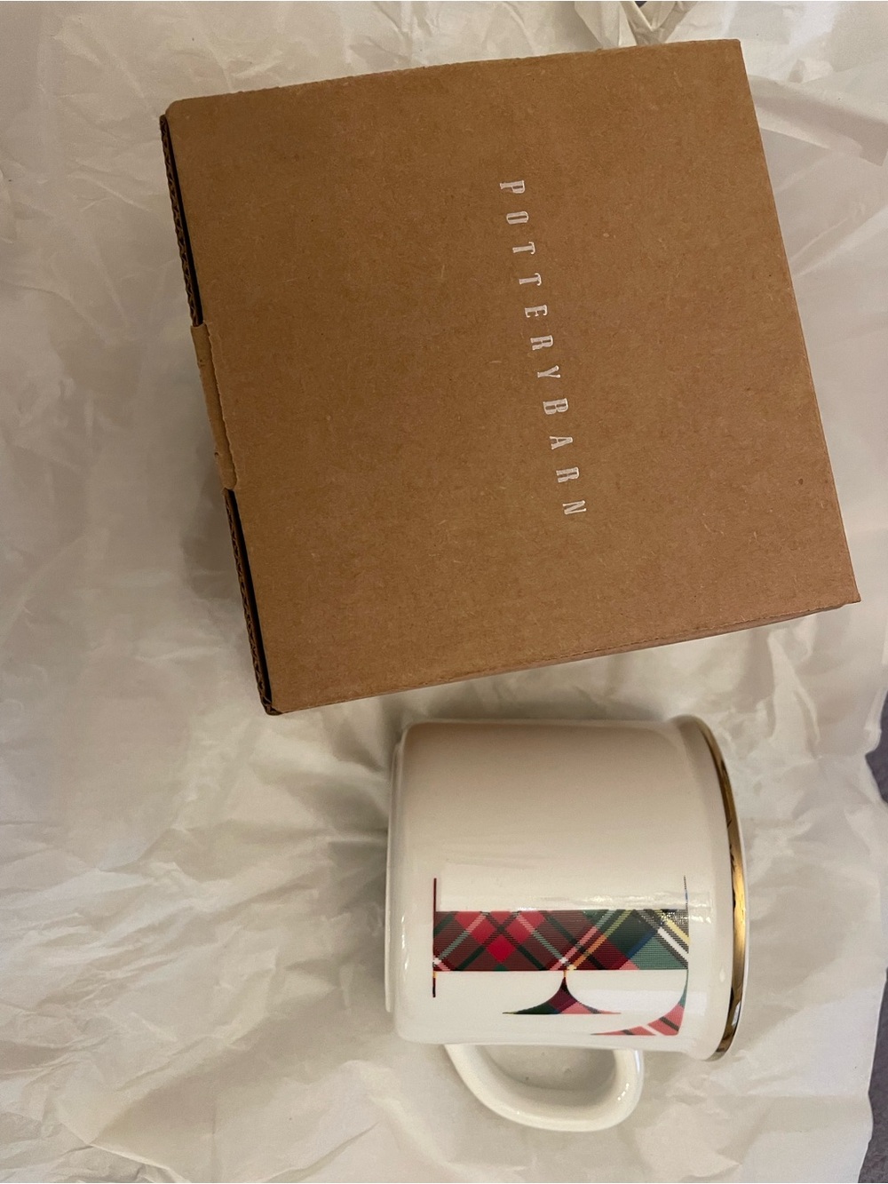 Pottery Barn White Mug with Red and Green Plaid and Gold Trim